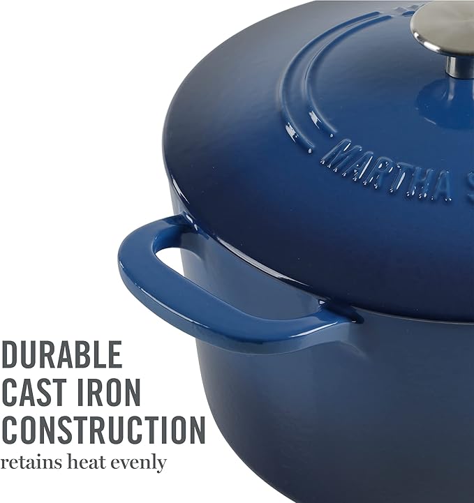 MARTHA STEWART Gatwick 7-Quart Enamel Cast Iron Dutch Oven Pot with Lid – Classic Blue – Durable Heavy-Duty Dutch Oven for Slow Cooking, Braising & Baking