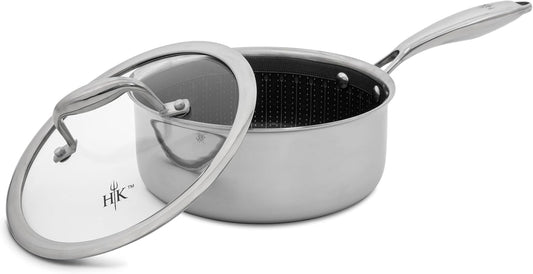 Hell's Kitchen Hybrid 2.5 Qt Saucepan and lid, Tri-Clad Stainless Steel and Nonstick Ceramic, PFAS Free, no PFOA, no PTFE, no Teflon, Non Toxic Cookware, Metal Utensil Safe, All Cooktops and Oven Safe - Culinary Roots