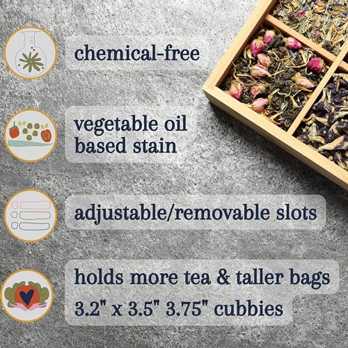 Tea Organizer Box 7.4" x 8.1" x 4.2" Bamboo Wood Organizer Storage Chest 4 Tall Adjustable Slots 100% Handmade Eco