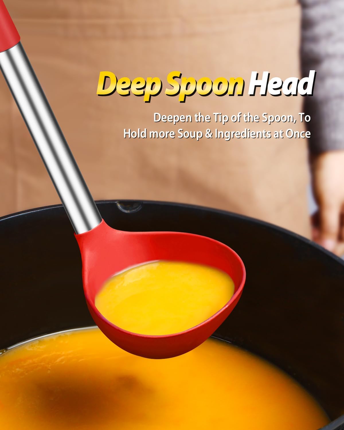 Silicone Pasta Fork and Ladle Spoon Set, Large Non Stick Kitchen Utensils for Cooking,Stirring,Serving Spaghetti, Soup, Sauce (RED) - Culinary Roots