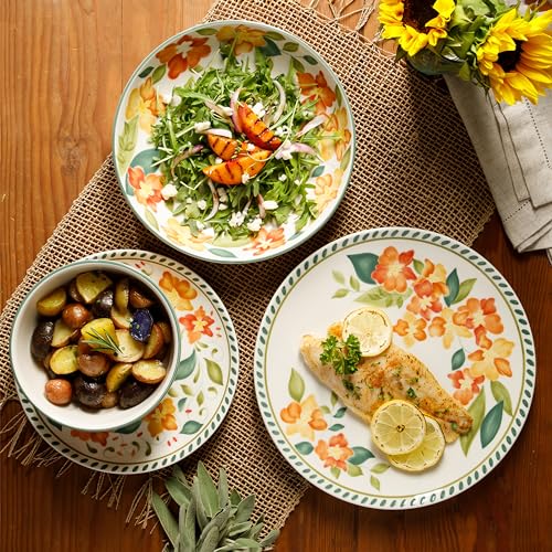 Cassia Bud 16 Piece Double Bowl Hand Painted Stoneware Plates and Bowls Floral Dinnerware Set