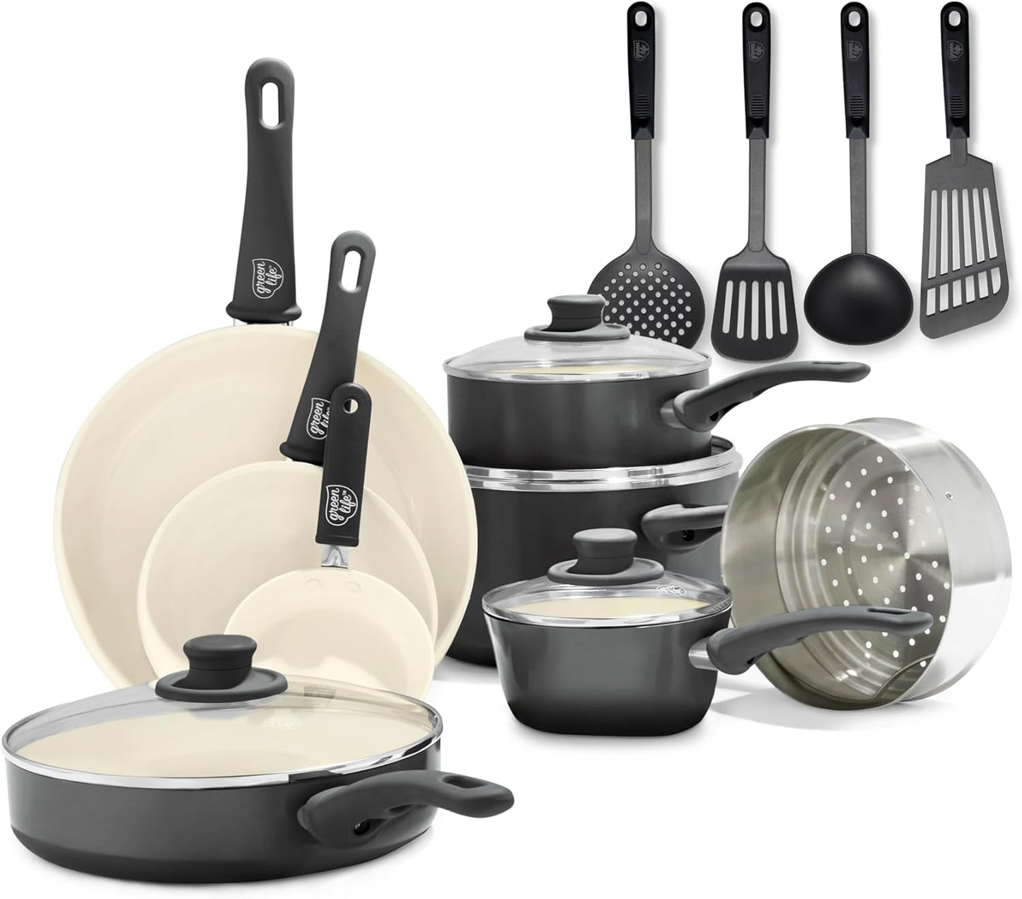 GreenLife 16 Piece Nonstick Cookware Set, Soft Grip Non-Toxic PFAS-Free Ceramic Pots & Pans, Dishwasher & Oven Safe, Frying, Sauce, Utensils, Glass Lids, Stay-Cool Handles, Wobble Free, Black & Cream - Culinary Roots
