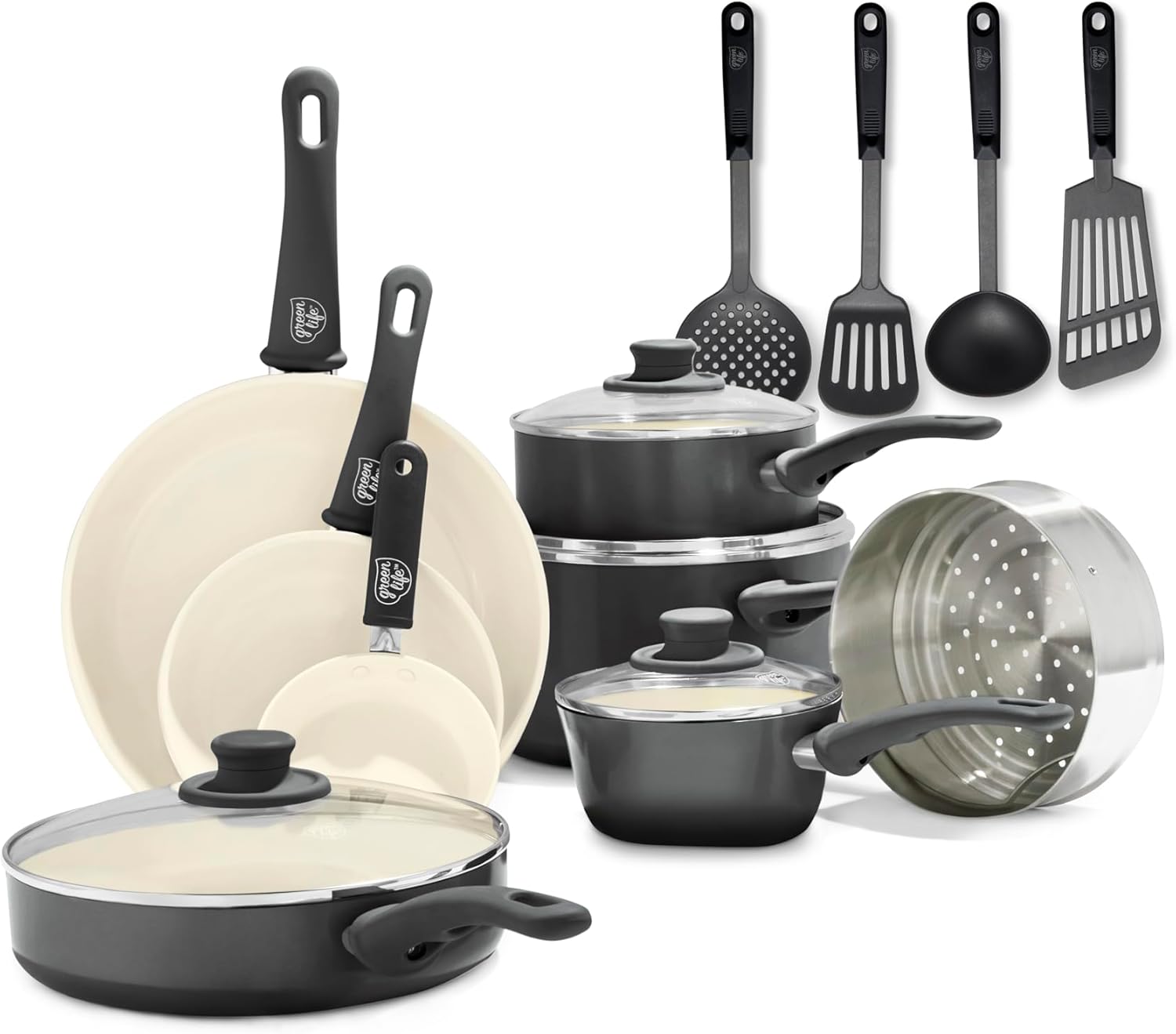 GreenLife 16 Piece Nonstick Cookware Set, Soft Grip Non-Toxic PFAS-Free Ceramic Pots & Pans, Dishwasher & Oven Safe, Frying, Sauce, Utensils, Glass Lids, Stay-Cool Handles, Wobble Free, Black & Cream - Culinary Roots