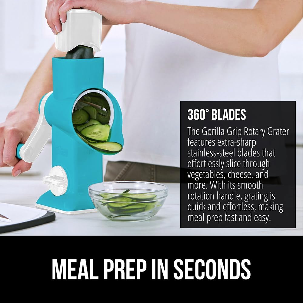 GORILLA GRIP BPA-Free Rotary Cheese Grater Hand Crank, Easy to Set Up, Strong Suction Base for Kitchen Countertop, Shred Potato, Vegetable, Nuts in Seconds, Round Mandoline Slicer, 3 Blades, Turquoise - Culinary Roots