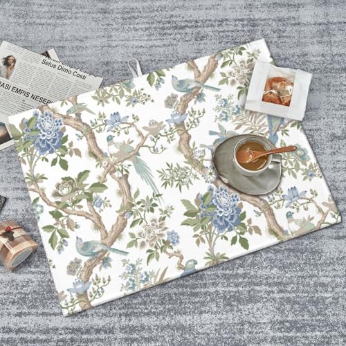 Floral Bidrs Dish Drying Mat 18x24 for Kitchen Counter