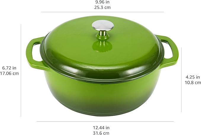 Amazon Basics Enameled Cast Iron Dutch Oven Pot with Lid, Round, Dual Handles, Heavy-Duty, Oven Safe for Stews, Roasting, Baking, 4.3-Quart, Small, Green