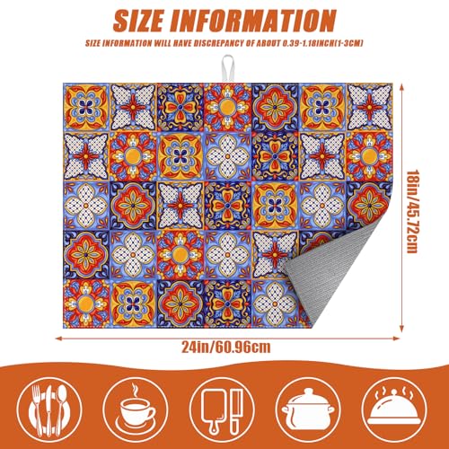 Talavera Mexican Tiles Dish Drying Mat for Kitchen Counter Microfiber Absorbent Dish Kitchen Drying Mat Draining Reusable Washable for Dishes