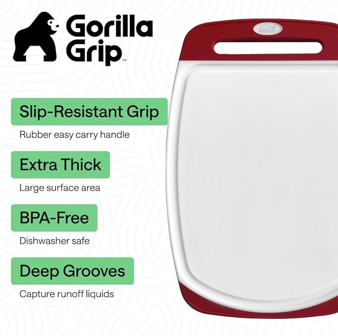 GORILLA GRIP BPA-Free Reversible Kitchen Cutting Board Set of 3, US Designed, Nonporous, Juice Grooves Catch Liquid, Slip Resistant Border, Dishwasher Safe, Durable Large Food Chopping Boards, Red