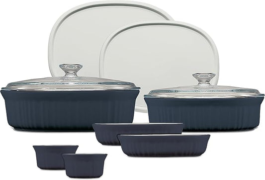 CorningWare Ceramic Bakeware Set with Lids Chip and Crack Resistant Stoneware Baking Dish, Microwave, Dishwasher, Oven, Freezer and Fridge Safe, 10-Piece French Navy