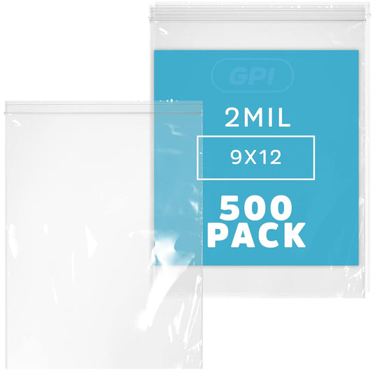 GPI - 9" X12" Zip Bags for A4 Letter Size Paper, Clear Plastic Reclosable Zipper Lock Poly Baggies, 2 Mil Thick, with Resealable Zip Top Lock for Food Storage, Clothing, Crafts & Packaging. 500 Count
