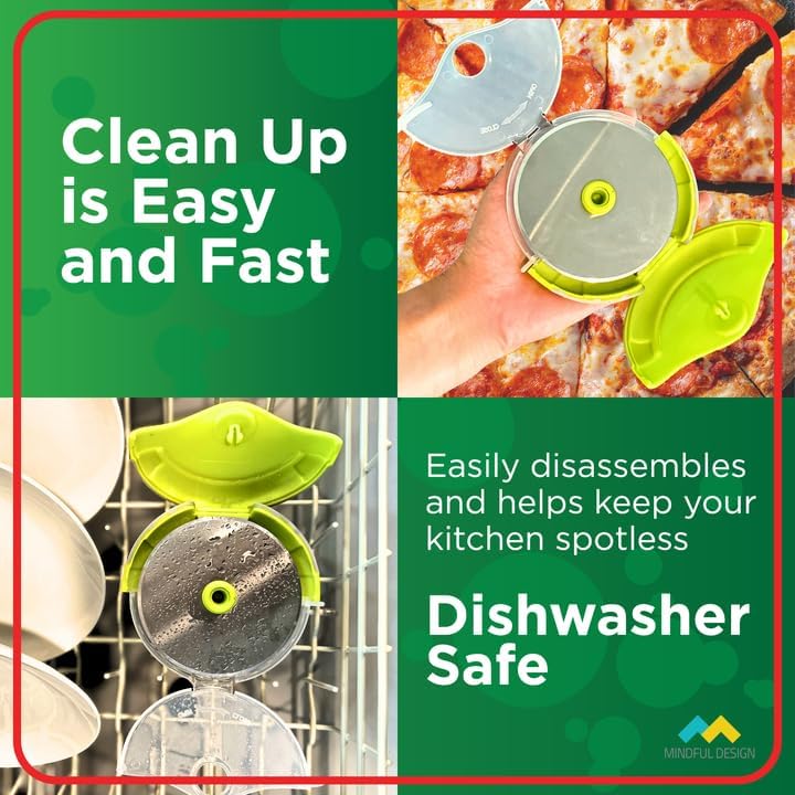 Mindful Design Pizza Cutter Wheel with Protective Blade Cover, Easy to Clean and Dishwasher Safe Ergonomic Pizza Slicer (Green) - Culinary Roots