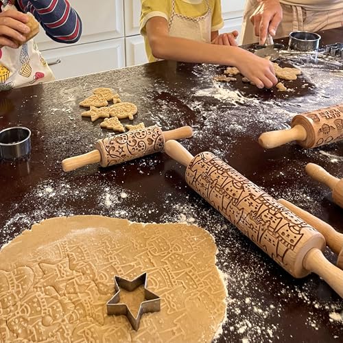CHRISTMAS FEST 3 Mini Embossed Rolling Pin Set. Wooden Laser Engraved Textured rolling pins for Cookies