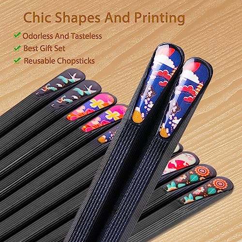 5 Pairs Reusable Chopsticks Premium Fiberglass Cute Japanese Korean Style Dishwasher Safe Chop sticks 9.5 Inch Gift Set