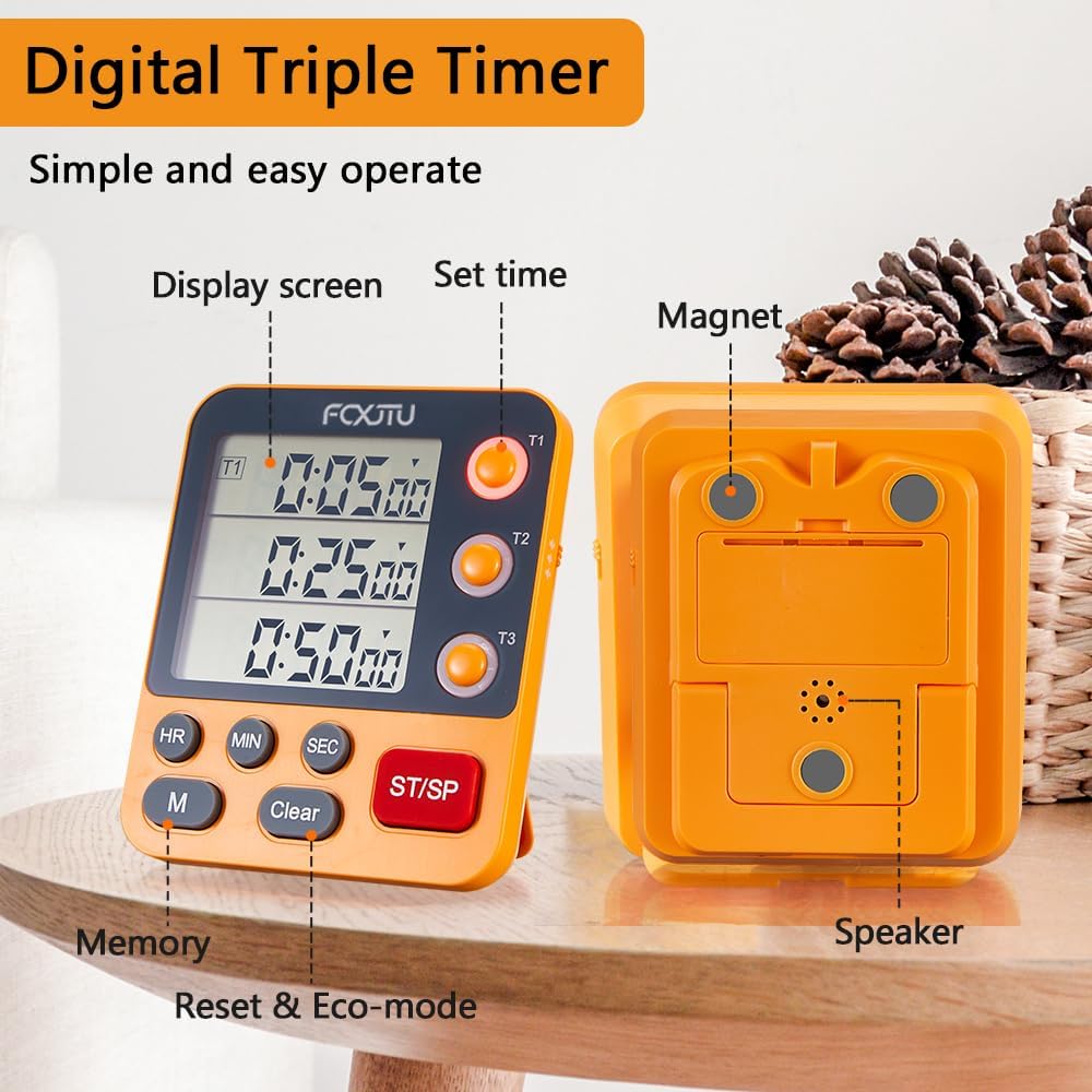 FCXJTU Digital Dual Triple Kitchen Timer, 3-Channel Magnetic Countdown Timer for Cooking, Large Display Stopwatch Multi Food Classroom Timer Loud Alarm for Seniors Teachers Battery Included (Orange)