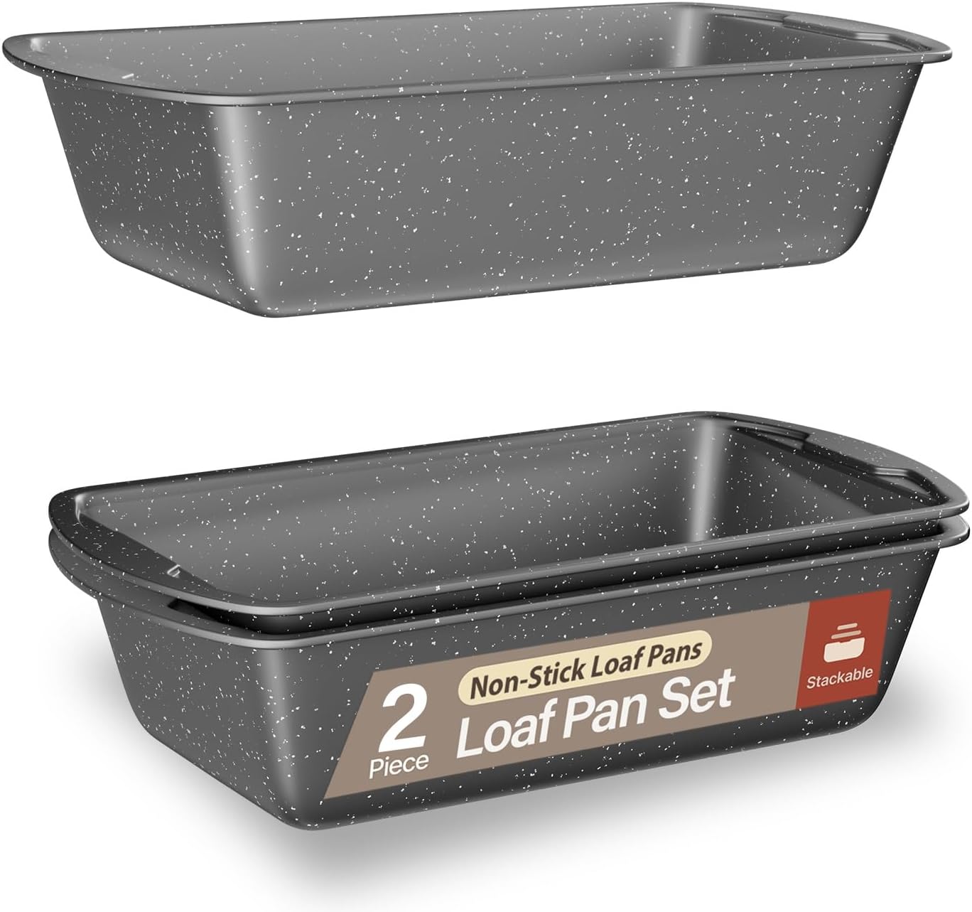 Nonstick Loaf Pan Set Pack of 2, 10.2" & 11" Large Baking Bread Pan, Oven Safe Up to 450°F, PFOA, PFOS, PTFE Free, Space Saving Stackable Design, Stain Resistant, Dishwasher Friendly, Gray Marble - Culinary Roots