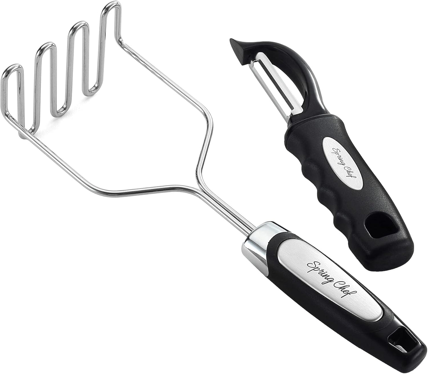 Spring Chef Stainless Steel Potato Masher with Premium Vegetable Peeler, Mashed Potato Masher - Kitchen Tool with Soft Non-slip Handle, Metal Food Masher for Fruit, Avocado, Bean, Guacamole, Banana - Culinary Roots