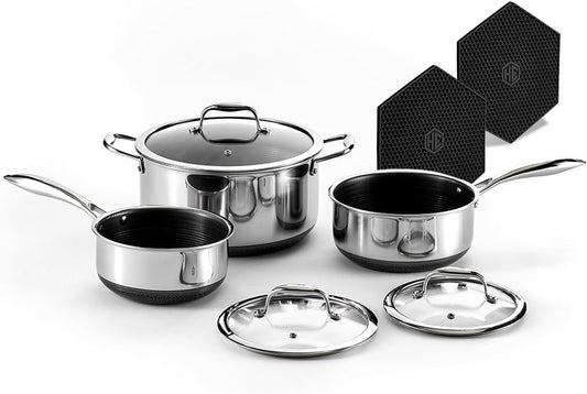 HexClad Hybrid Nonstick 6-Piece Pot Set with 2 Silicone Trivets, 2, 3, and 8-Quart Pots with Tempered Glass Lids, Stay-Cool Handles, Dishwasher-Friendly, Induction Ready, Compatible with All Cooktops - Culinary Roots