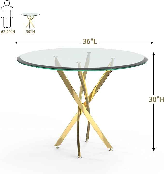AF ARTISAN FURNITURE 36" Round Glass Dining Table for 4, Stainless Steel Legs & Tempered Glass Top, Modern Circle Leisure Table for Home Office Kitchen Dining Room Small Spaces (Gold Leg)