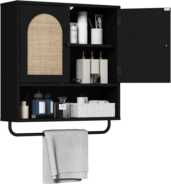 RUSTOWN Rattan Bathroom Wall Cabinet, Boho Medicine Cabinet with 2 Arched Doors, Farmhouse Over The Toilet Storage Cabinets with Adjustable Shelves & Towel Bar