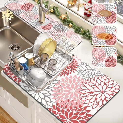 2PCS 16" x 24" Christmas Dish Drying Mat & 24" x 5.5" Sink Splash Guard (2 Count)