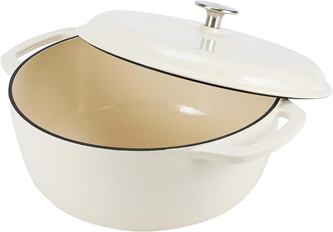 Amazon Basics Enameled Cast Iron Dutch Oven Pot with Lid, Oven Safe, Heavy-Duty, Dual Handles for Baking, Roasting, Stews, Round, 6-Quart, White