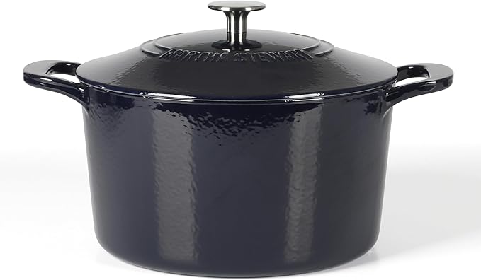 Martha Stewart Gatwick 7 QT Enamel Cast Iron Dutch Oven – Navy Blue, Heavy-Duty Durable Dutch Oven for Slow Cooking, Braising, and Baking