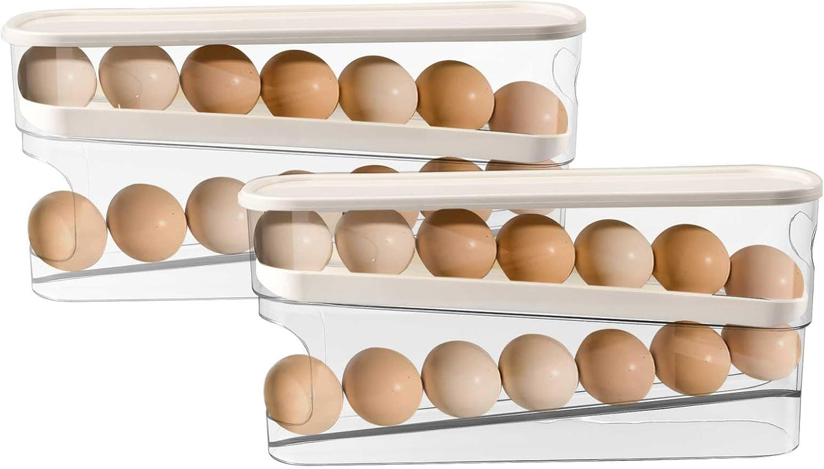 Longzhuo Egg Holder for Fridge, 2 Pcs 2 Layers Auto Rolling Egg Organizer for Refrigerator, for Refrigerator, Countertop, Pantry Organizers and Storage, Clear