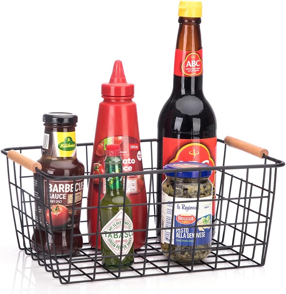 LeleCAT Wire Baskets with Wooden Handles, Wire Storage Organizer Baskets , Household Refrigerator for Cabinets, Pantry, Closets, Bedrooms - Set of 4（Black