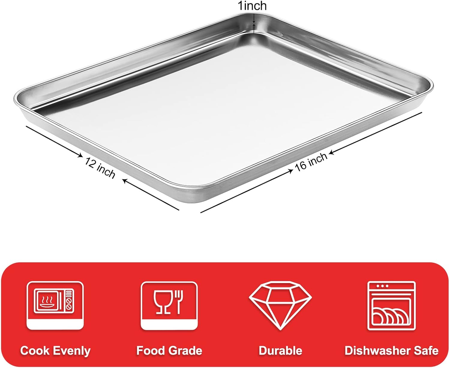 Stainless Steel Baking Sheet Cookie Tray, Cookie Sheet for Toaster Oven Baking Pan Tray, Jelly Roll Pan Size 16 x 12 x 1 Inch Easy Clean & Non-stick & Non-toxic & Dishwasher Safe - Culinary Roots