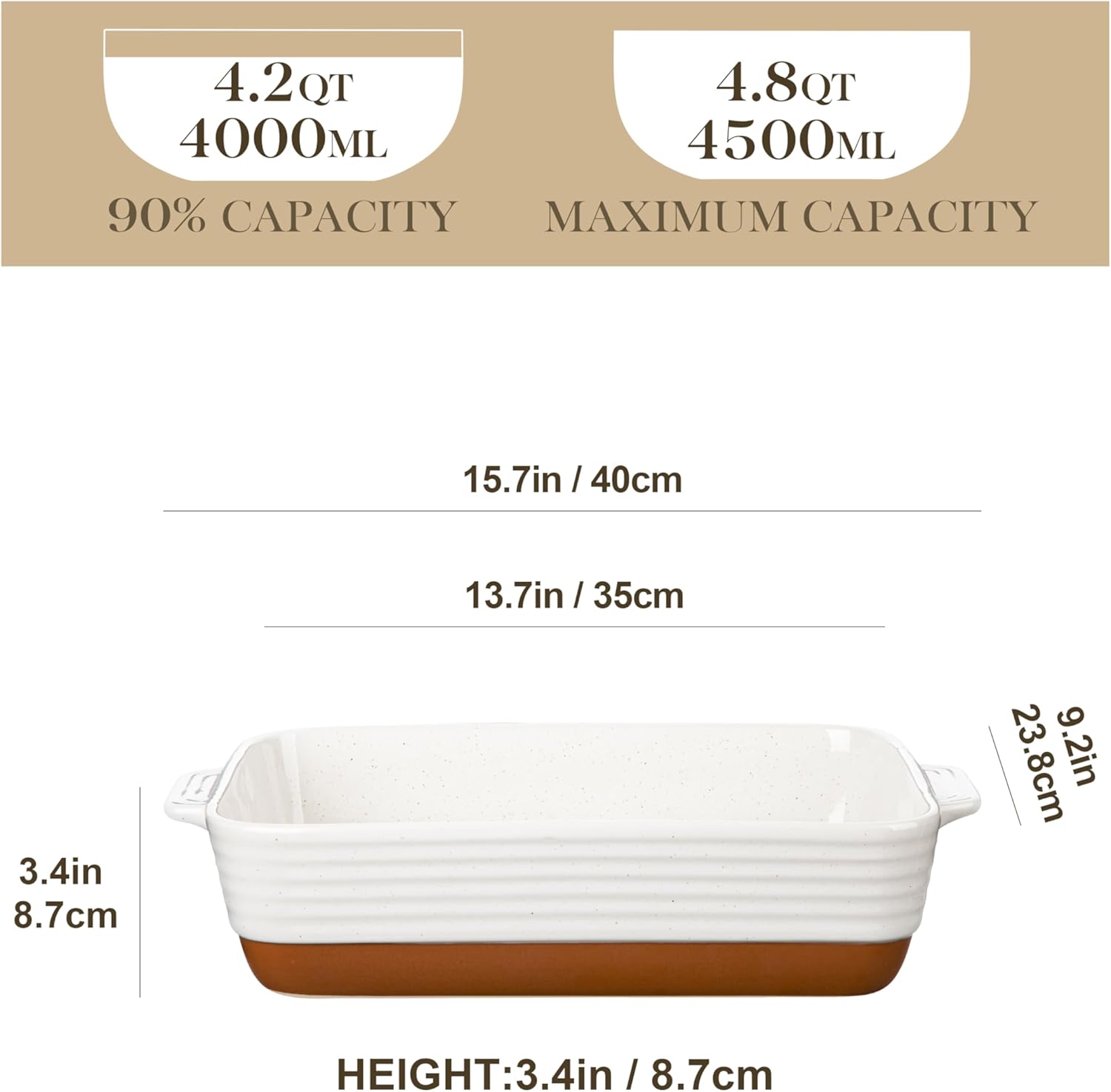 MALACASA Baking Dish 4.8 Qt Ceramic Casserole & Lasagna Pan, 9x13 Inch Deep Rectangular Oven Safe Dish with Handles for Baking, Roasting, Serving (Khaki & White) - Series Tara - Culinary Roots