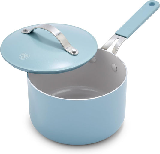 GreenLife 2 Quart Nonstick Saucepan with Lid, Lightweight Healthy PFAS-Free Milk Pan, Dishwasher & Oven Safe Soup Pan, Durable Body, Silicone Stay-Cool Handle, Easy Release Chef’s Pan, Blue Haze - Culinary Roots