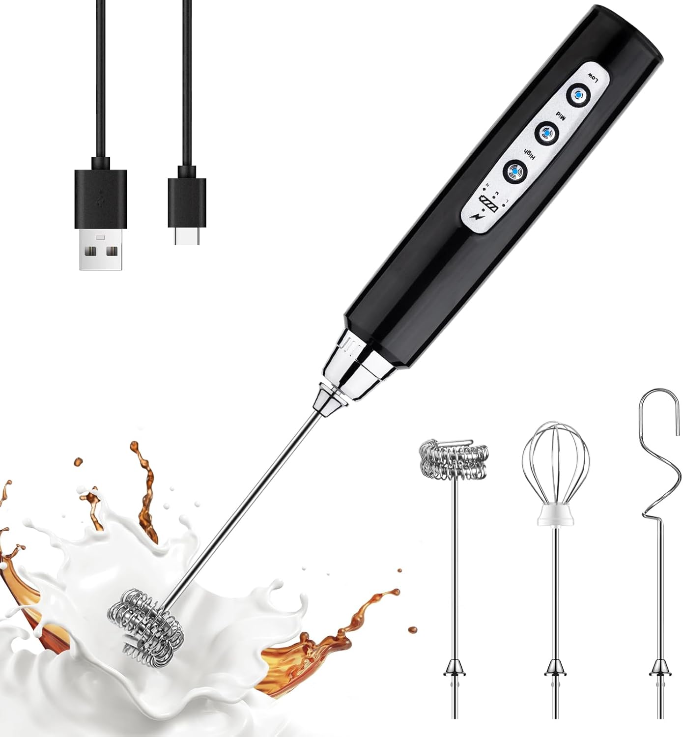 YUSWKO Handheld Milk Frother Wand for Coffee, Rechargeable Electric Whisk with 3 Heads 3 Speeds Drink Mixer Coffee Frother For Latte, Cappuccino, Hot Chocolate, Egg (Without Stand, Light Black) - Culinary Roots