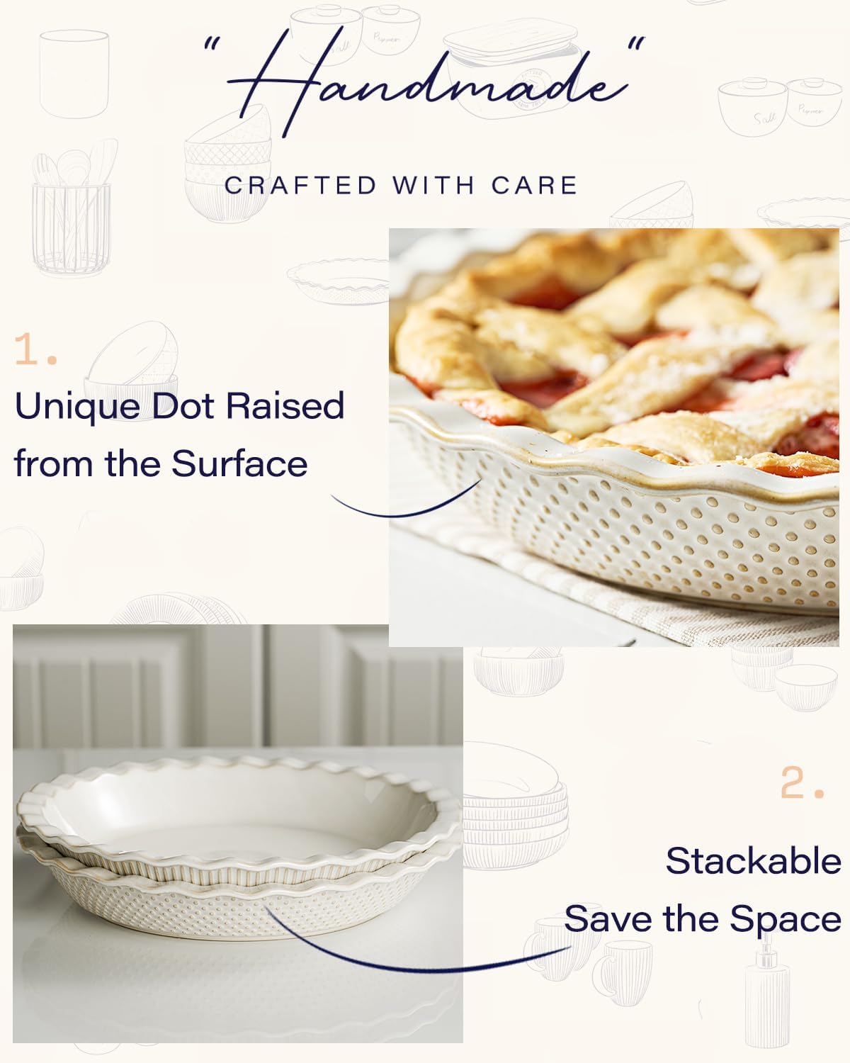 getstar Ceramic Pie Pan, 9 inch Pie Dish for Baking, Non-Stick, Oven & Dishwasher Safe, Farmhouse Decor Quiche Baking Dish, Pie Plate, Deep Dish Pie Pan (Embossed Dots) - Culinary Roots