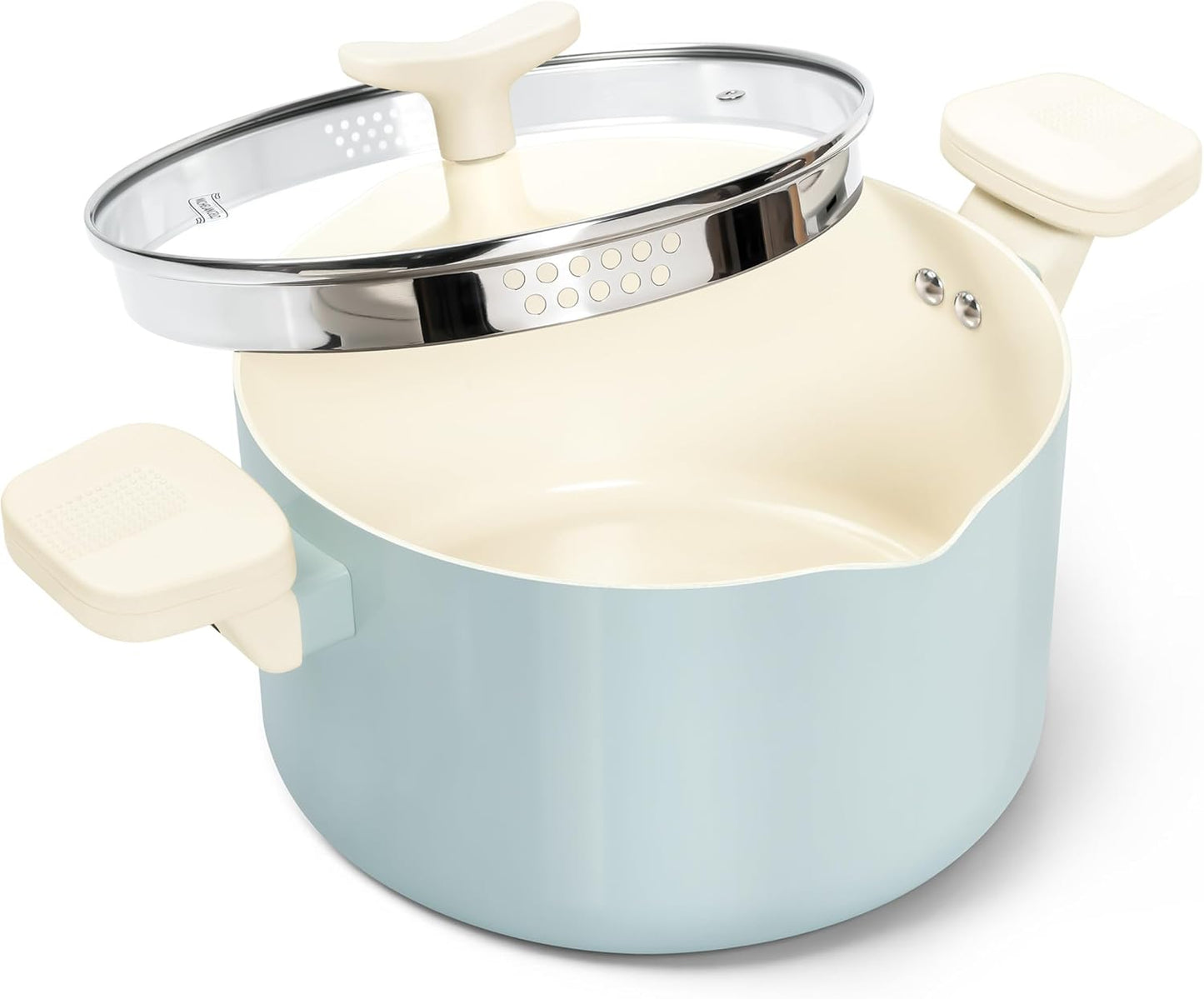 MICHELANGELO Pasta Pot with Strainer Lid - 6 Quart Cooking Pot with Lid, Non Stick Spaghetti Pot Ceramic Coated with Twist and Lock Handles for Easy Draining, Induction Compatible, Soft Aqua - Culinary Roots