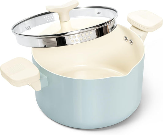 MICHELANGELO Pasta Pot with Strainer Lid - 6 Quart Cooking Pot with Lid, Non Stick Spaghetti Pot Ceramic Coated with Twist and Lock Handles for Easy Draining, Induction Compatible, Soft Aqua - Culinary Roots