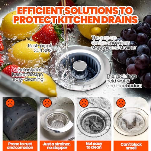3 in 1 Kitchen Sink Drain Strainer and Stopper Silver 1 Pack