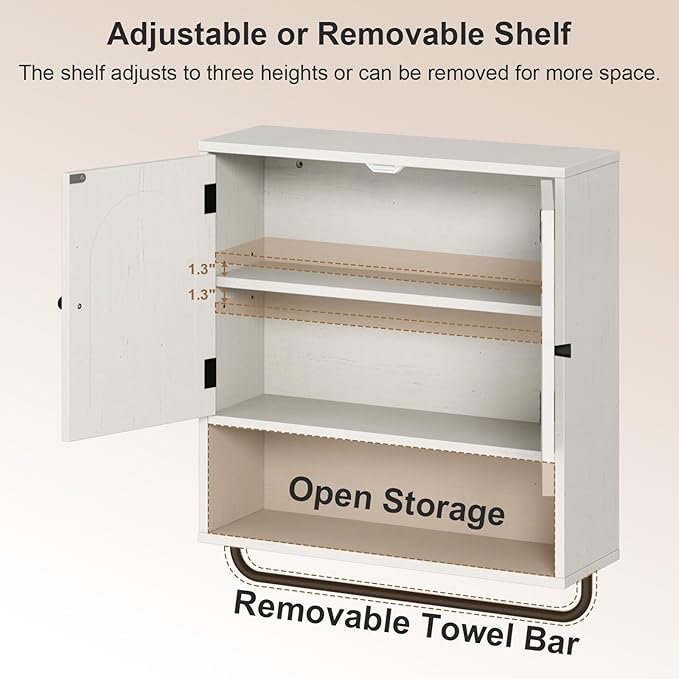 RUSTOWN Rattan Bathroom Wall Cabinet, Boho Medicine Cabinet with 2 Arched Doors, Farmhouse Over The Toilet Storage Cabinets with Adjustable Shelves & Towel Bar, 3-Tier Wall Mounted Cabinets