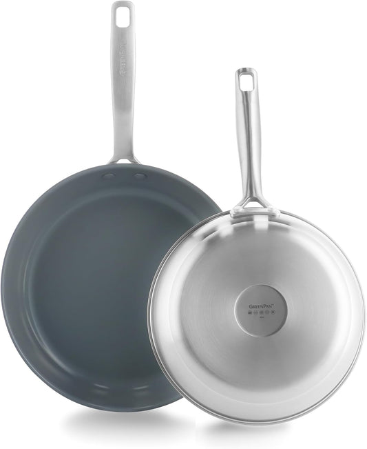 GreenPan Treviso 9.5” and 11” Frying Pan skillet Set, Non-Toxic PFAS-Free Stainless Steel Ceramic Nonstick Coating, Induction Suitable, Multi Clad, Pouring Rims, Dishwasher & Oven Safe to 600° - Culinary Roots