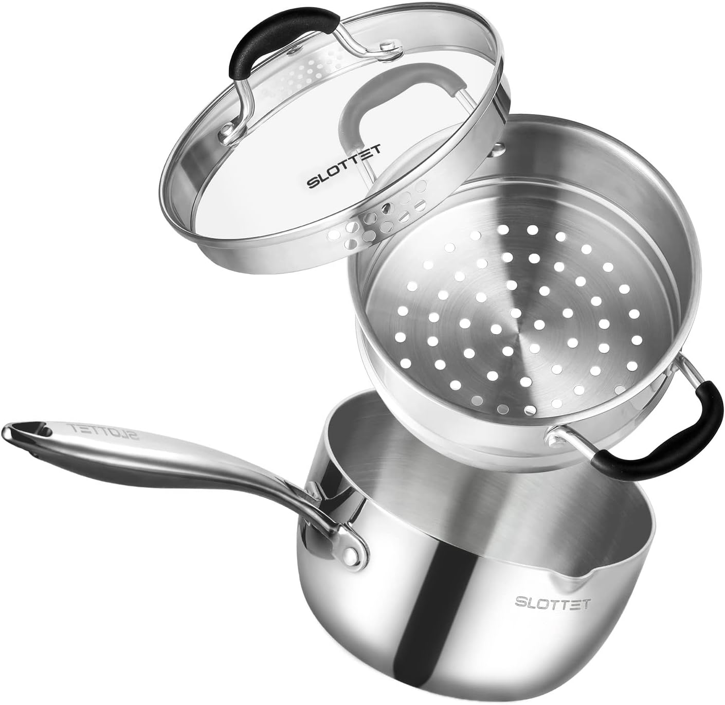 Tri-Ply Whole-Clad Stainless Steel Saucepan with Steamer,2.5 Qt Small Multipurpose Pot with Pour Spout,Strainer Glass Lid, 2 Quart Sauce Pan for Cooking with Stay-cool Handle. - Culinary Roots