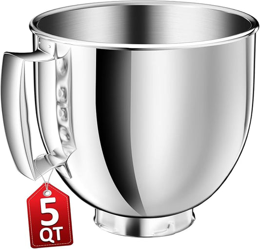 5QT Stainless Steel Mixer Bowl Compatible with KitchenAid Bowls for Mixer, Artisan&Classic Series 4.5-5QT Tilt-Head Mixers, Kitchen Gadgets Mixer Bowl with Handle,Metal Bowl for Kitchen Mixing Bowl