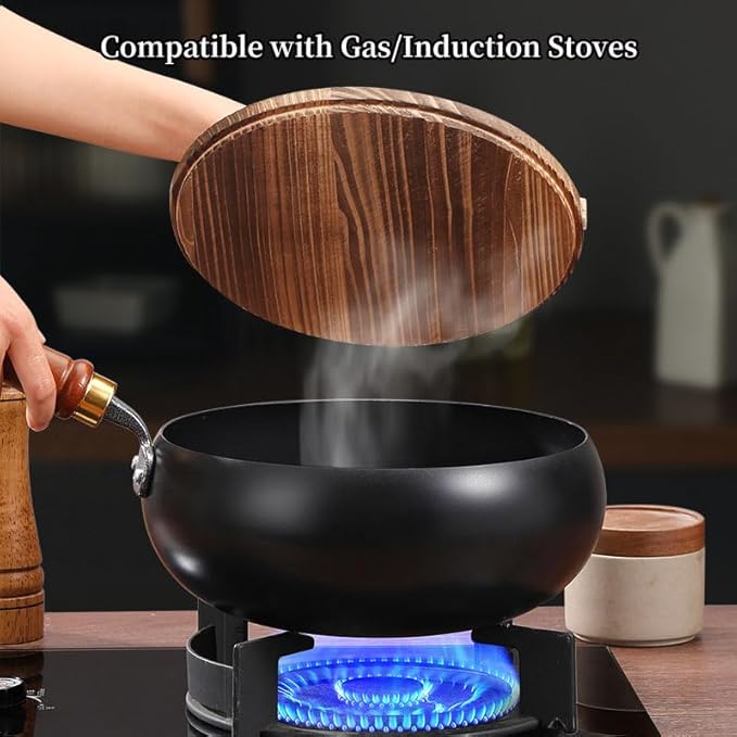 Carbon Steel Wok Pan, 9.5" Woks & Stir-Fry Pans with Wooden Lid Cookwares, Nonstick Wok Flat Bottom Small Handmade Chinese Wok For for All Stoves