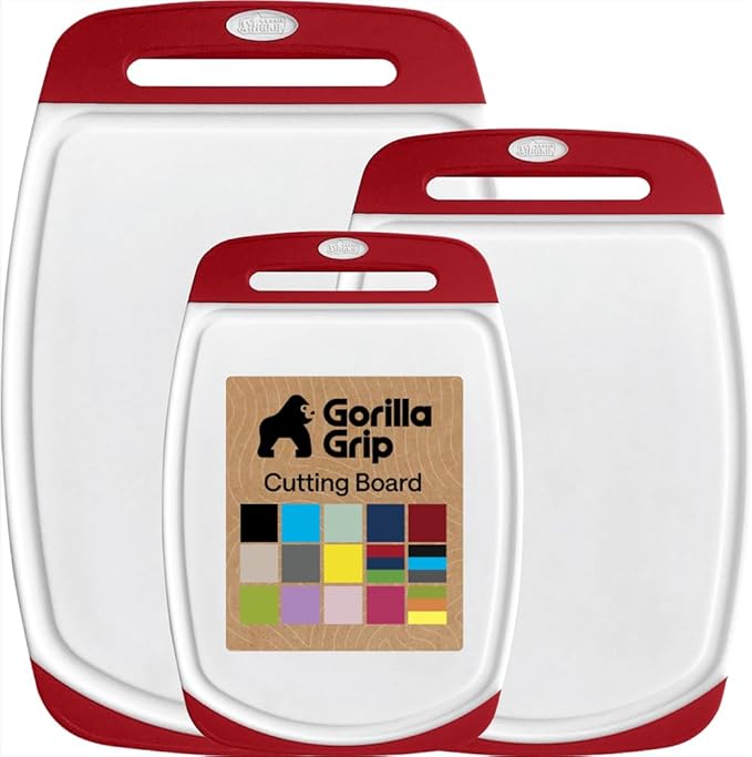 GORILLA GRIP BPA-Free Reversible Kitchen Cutting Board Set of 3, US Designed, Nonporous, Juice Grooves Catch Liquid, Slip Resistant Border, Dishwasher Safe, Durable Large Food Chopping Boards, Red