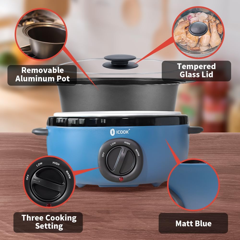 ICOOK USC-35-OP001BL 3.5 Quart Slow Cooker,Aluminium Sear/Sauté Stew Pot Stovetop safe,Dishwasher Safe,Glass Lid,Adjustable Temp,Food Warmer,Blue - Culinary Roots