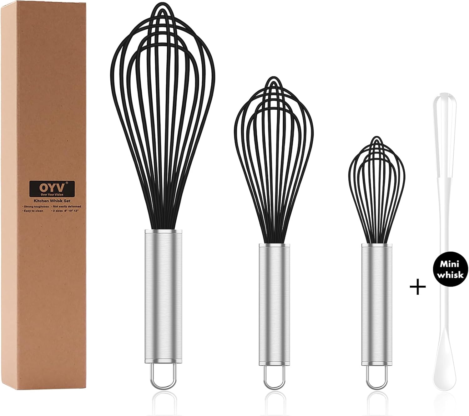Silicone Whisk,3 pack Professional whisks for cooking non scratch,Stainless Steel & Silicone wisk,plastic rubber whisk for nonstick cookware,small silicone whisk set,black - Culinary Roots
