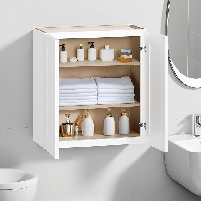 33 Inch Laundry Room Cabinets Wall Mounted, Solid Wood Over The Toilet Storage Cabinet, Bathroom Organizer Cabinets with 2 Shaker Door & Shelves, Easy to Assemble for Kitchen, Garage - White