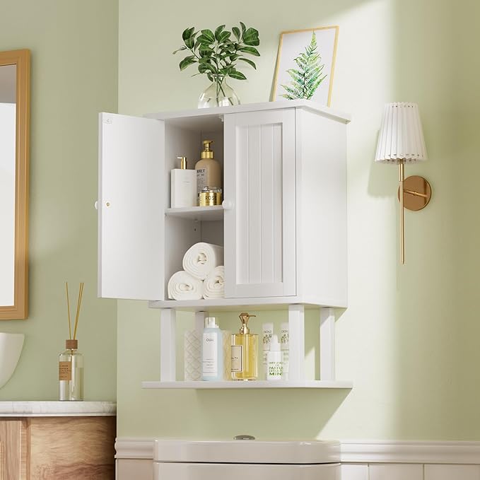 AmazerBath Bathroom Wall Cabinets, Bamboo Over The Toilet Storage Cabinet with Adjustable Shelves, Wall Mounted Medicine Cabinets with 2 Doors for Small Spaces, White, 9.0 x 15.7 x 23.8 Inches