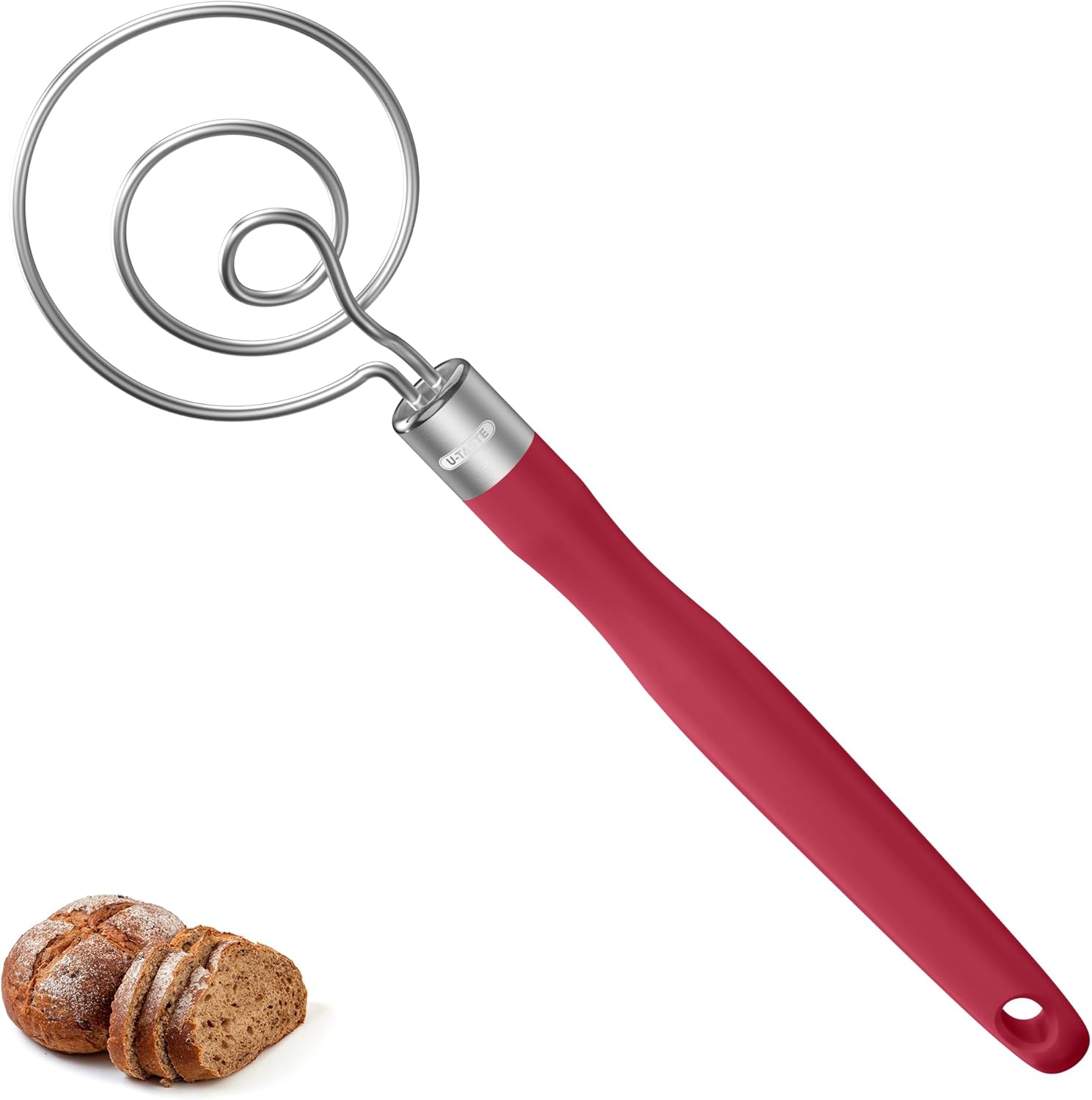 U-Taste 12.6in Danish Dough Whisk: 18/8 Stainless Steel Heavy-Duty Sourdough Mixer Tool, Food Grade Dutch Style Seamless Bread Wisk, Sturdy for Mixing, Stirring, Pressing, Kneading Thick Batter (Red) - Culinary Roots