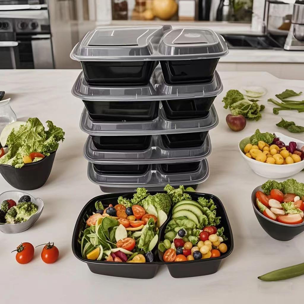 100pc 28 Oz 2-Grid Meal Prep Containers disposable, Plastic Food Take Out Containers With Lid, Take Out Containers Disposable, Reusable food storage containers,Microwave Freezer Dishwasher Safe