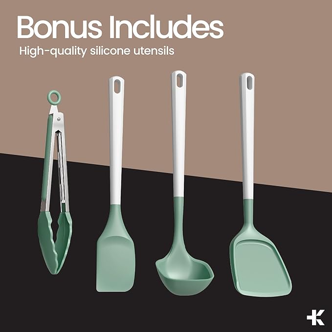 Bakken 12-Piece Aluminum Cookware Set with Ceramic Nonstick Coating, PTFE & PFAS Free, All Stovetop Safe Up To 500°F, Pots and Pans Set with Lids, Silicone Utensils Included, Dishwasher Safe, Green