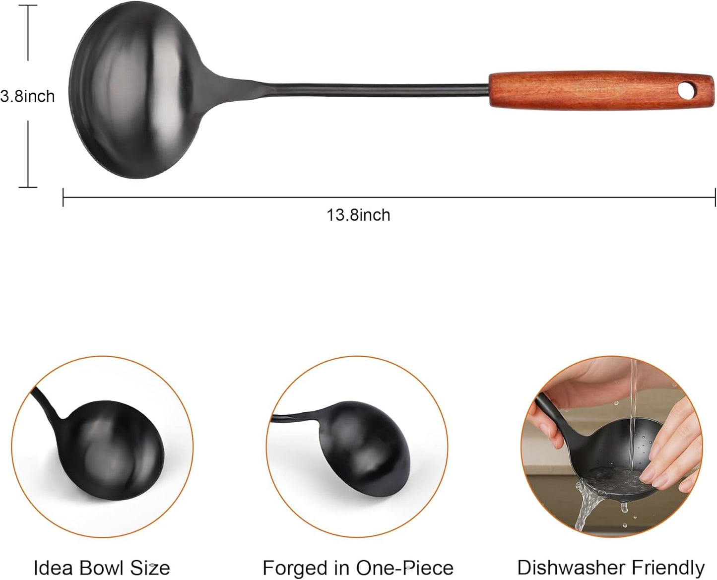 FJNATINH Soup Ladle, Food Grade 304 Stainless Steel Ladle, Large Metal Ladel Kitchen Cooking Soup Spoon Tools with Heat Resistant Wooden Handle, Integral Forming 13.8 Inches - Culinary Roots